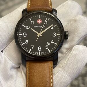 SWISSGEAR Legacy Swiss Watch in Silver with Black Dial & Dark Brown Strap 41mm